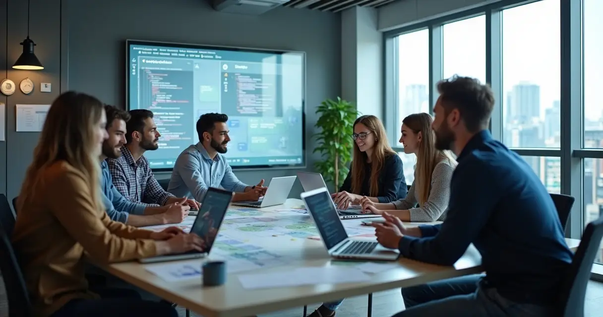 Equipe multidisciplinar trabalhando junta no desenvolvimento de software em ambiente moderno e tecnológico