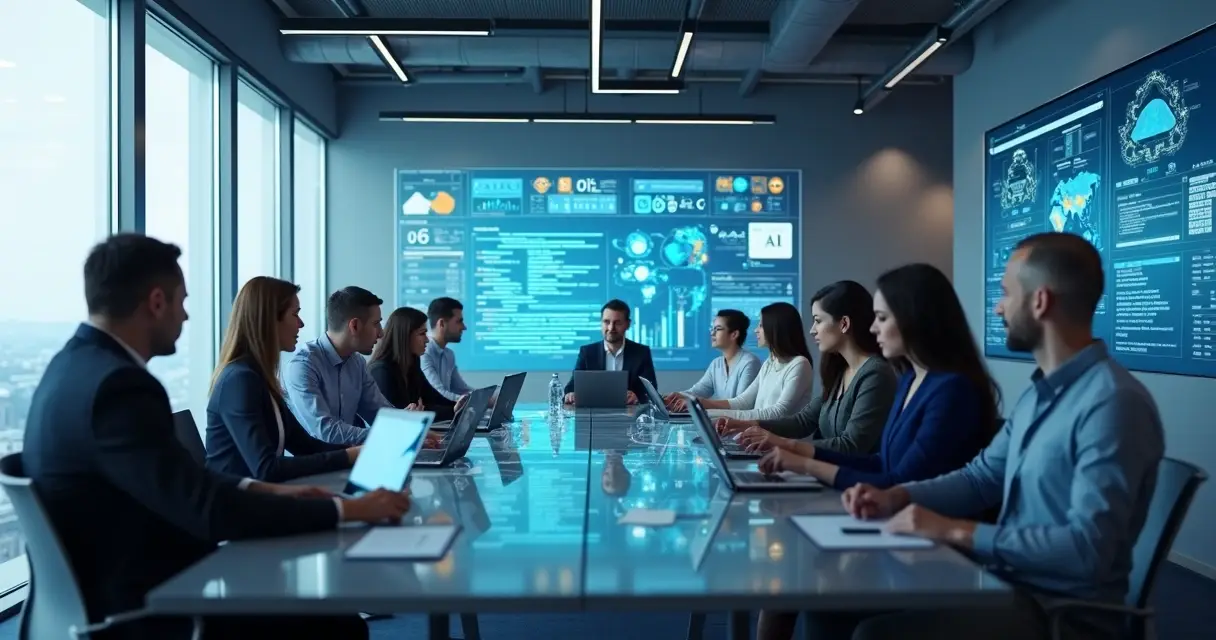 Equipe reunida discutindo projeto de desenvolvimento de software com laptops e gráficos em ambiente moderno