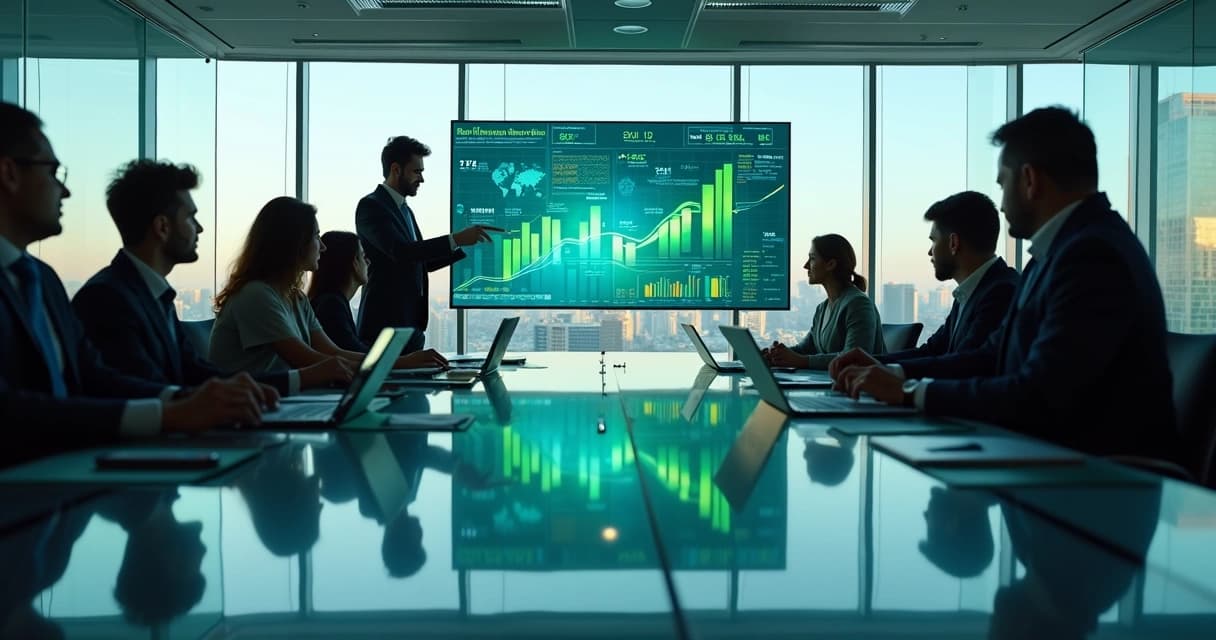Equipe analisa gráficos de lucro em tela digital com ícones de tecnologia ao fundo