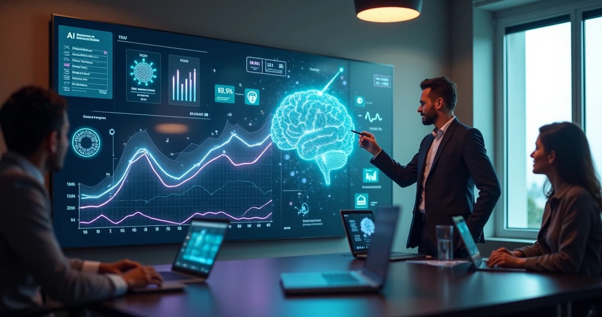 Equipe analisando painel digital com ícones de inteligência artificial e dados empresariais