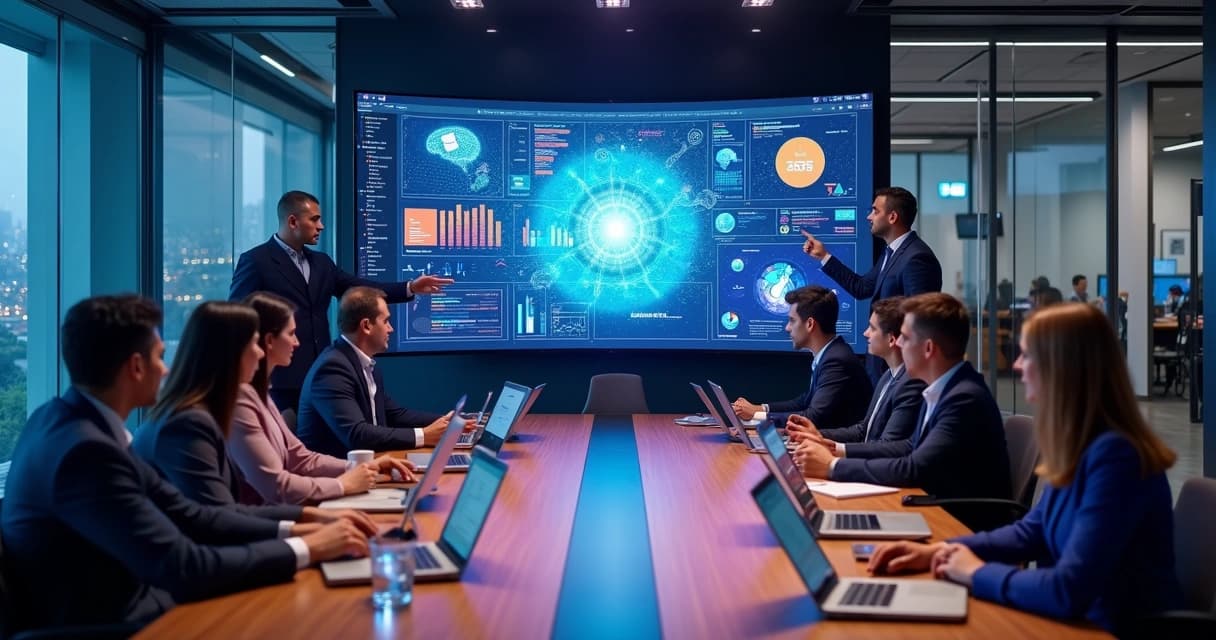 Sala de reunião moderna com executivos analisando dados em telas com ícones de inteligência artificial