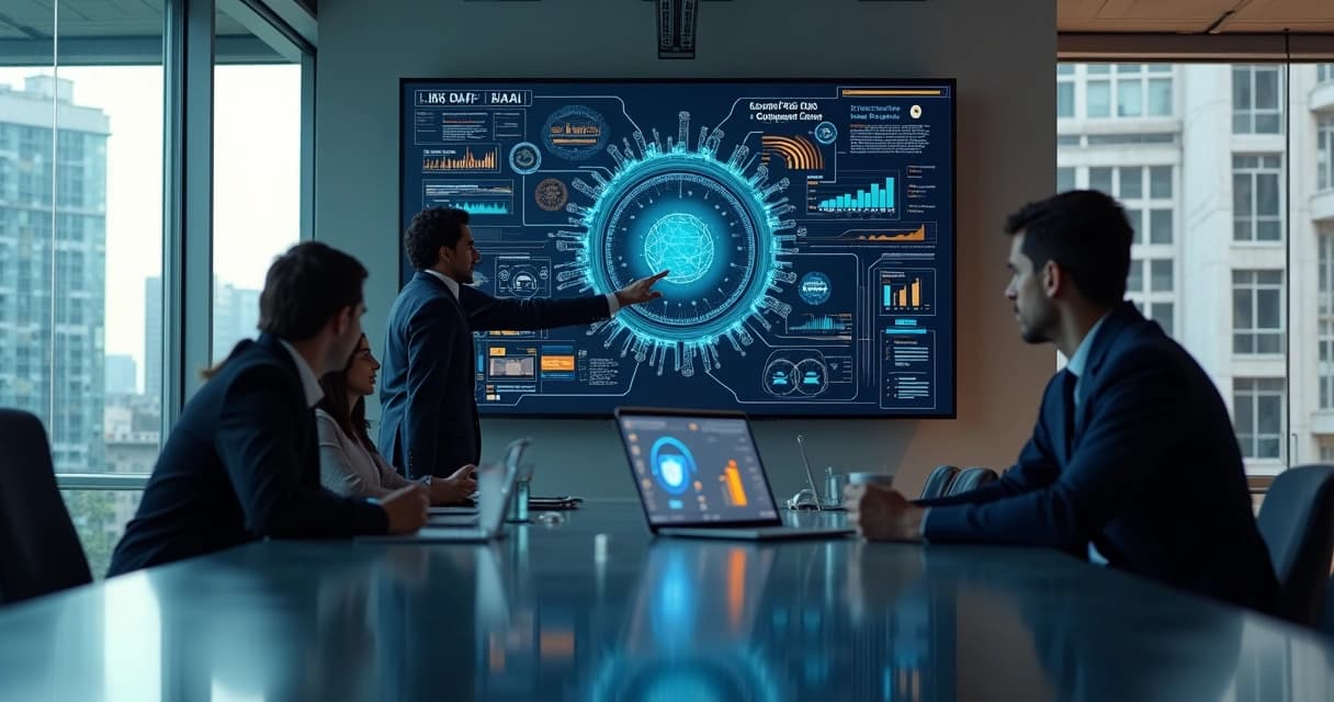 Executivos analisando painel digital com fluxos de processos automatizados e ícones de IA