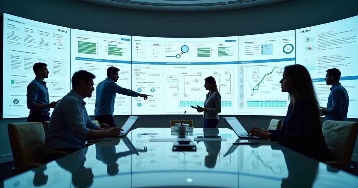 Equipe analisando painel digital com fluxos de automação e controles internos