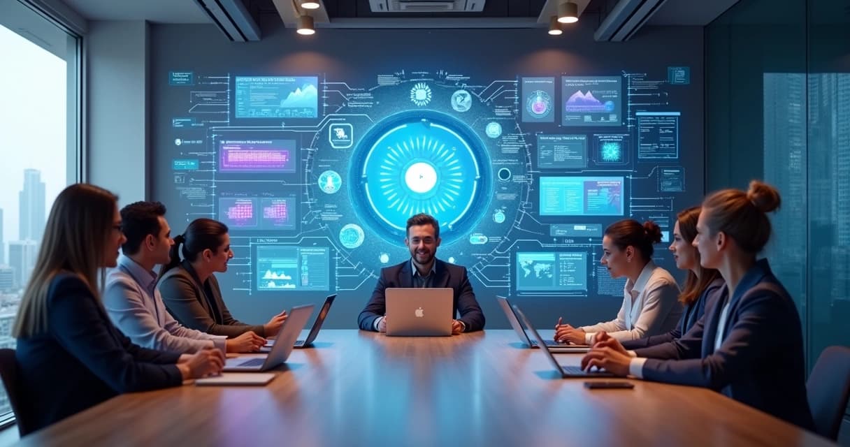 Equipe empresarial analisando painel digital com fluxo de criação de aplicativo com IA