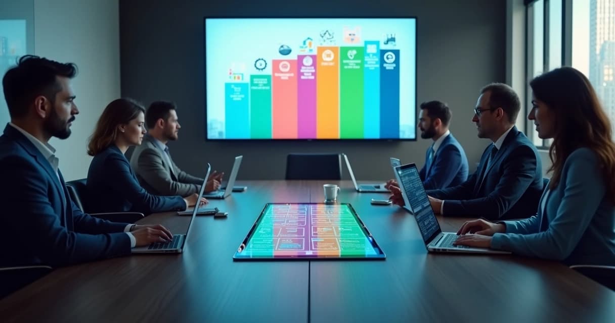 Mesa de reunião com telas exibindo comparação entre plataformas de aplicativos