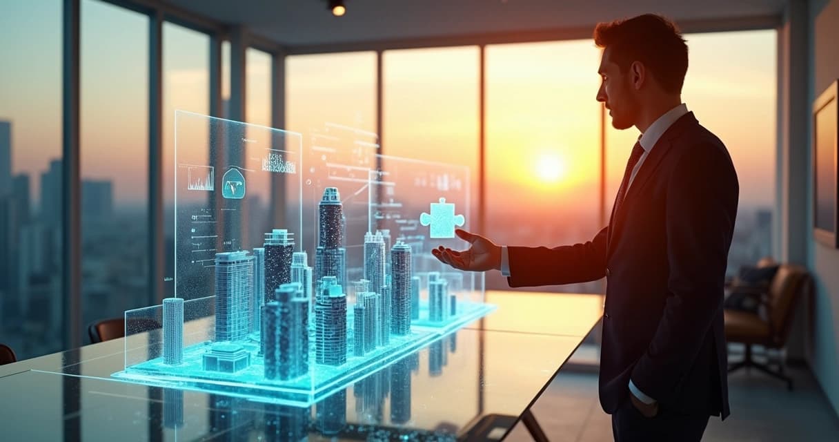 Gestor observa maquete de empresa feita de código digital aberto como quebra-cabeça