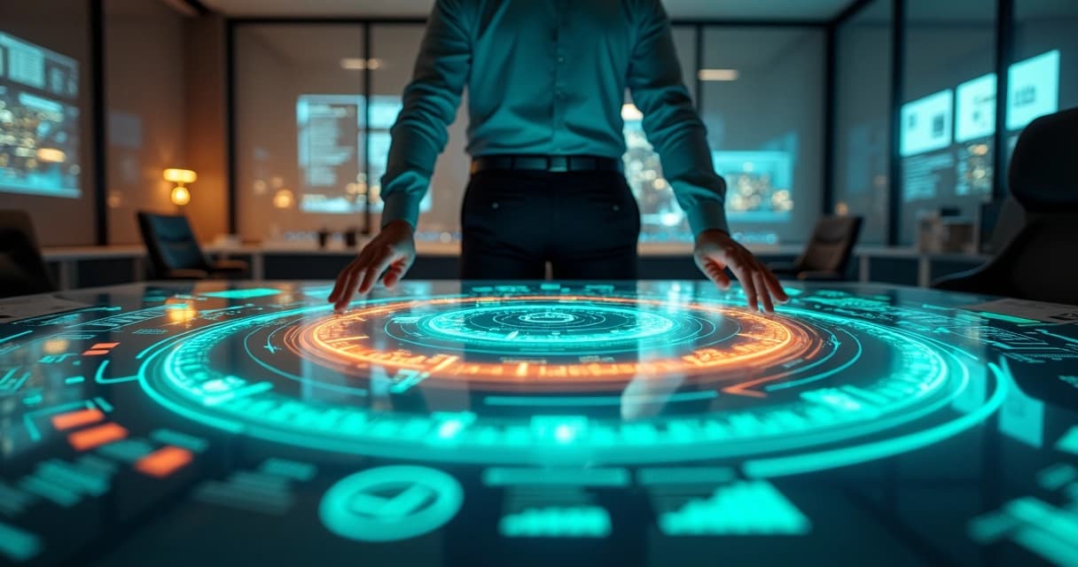 Gestor analisando camadas de custos operacionais em painel holográfico