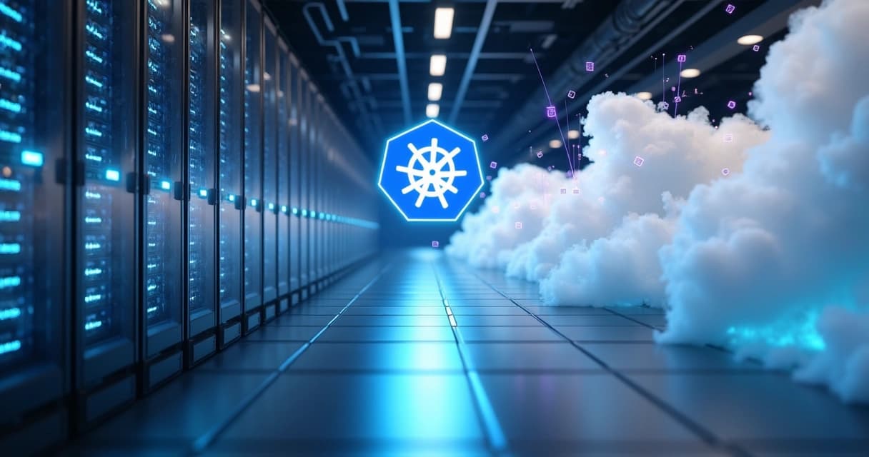 Conexão visual entre data center físico e nuvem com ícones de contêineres Kubernetes