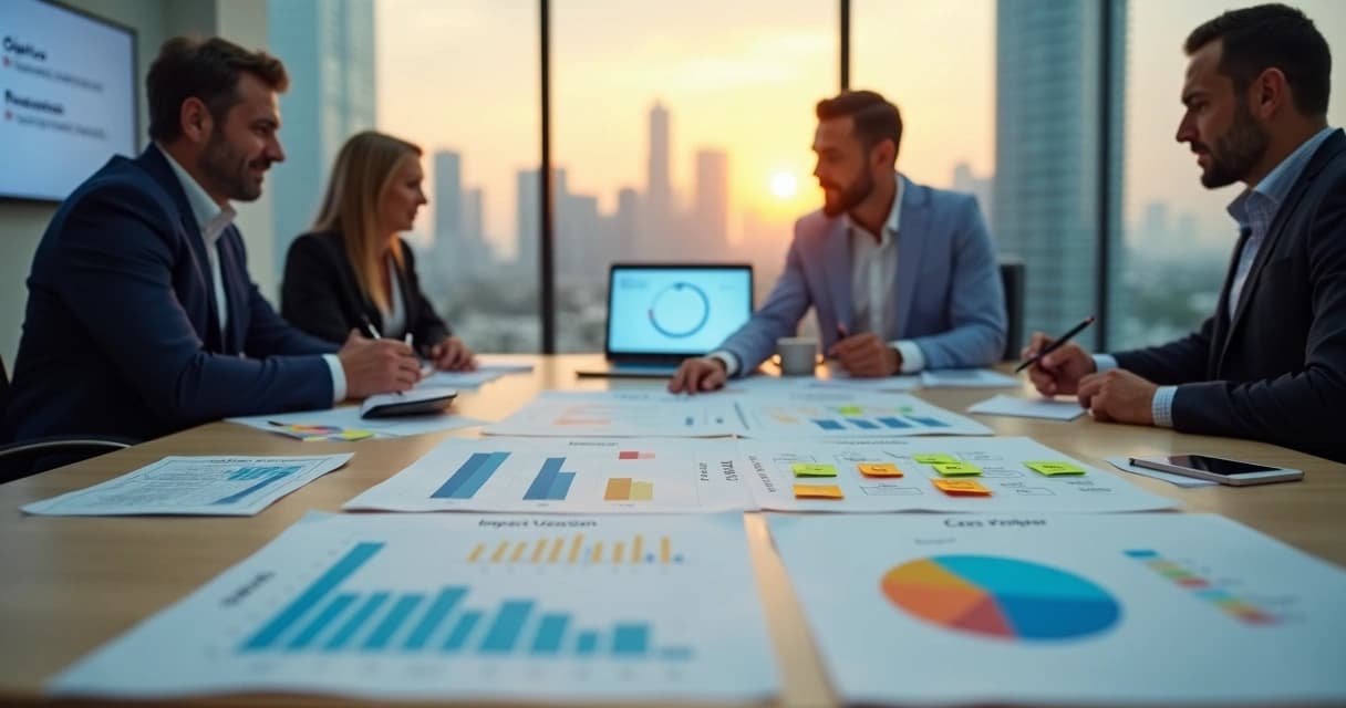 Executivo analisa matriz de decisão de investimentos em tecnologia em mesa de reunião moderna