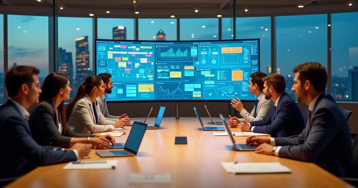Gestores de negócios e equipe de tecnologia colaborando diante de grande painel digital