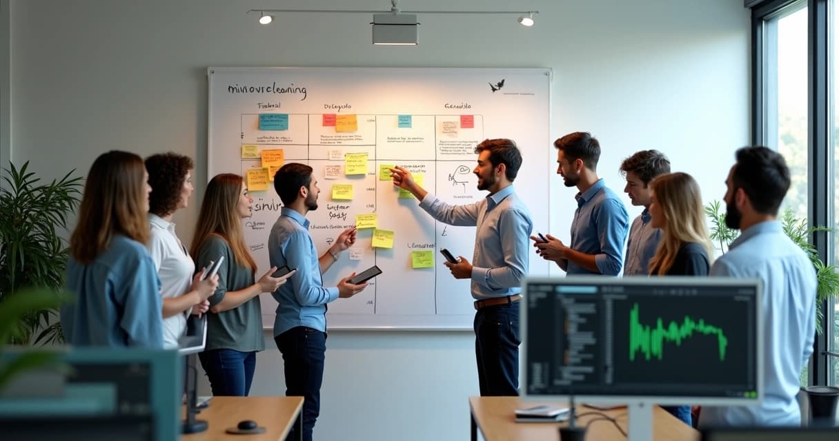 Quadro branco com fluxos de código e cartões de microlearning em equipe de TI reunida em pé
