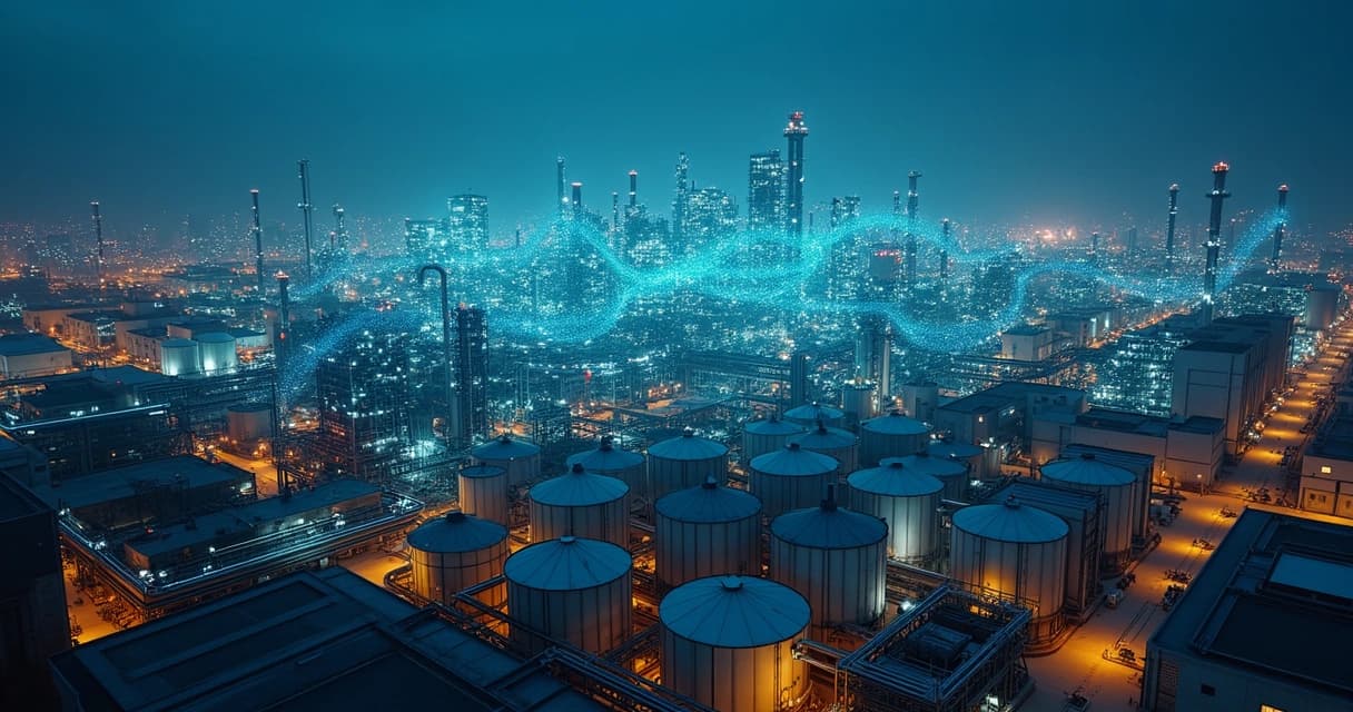 Rede luminosa de inteligência artificial sobre planta industrial vista à noite