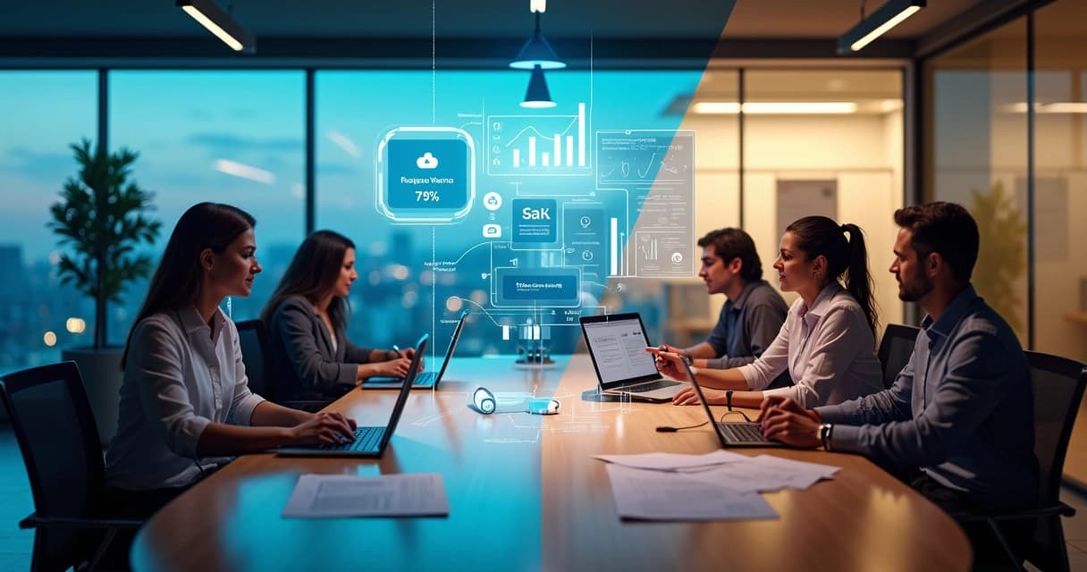 Equipe de TI dividida entre estação digital automatizada e mesa de consultoria presencial
