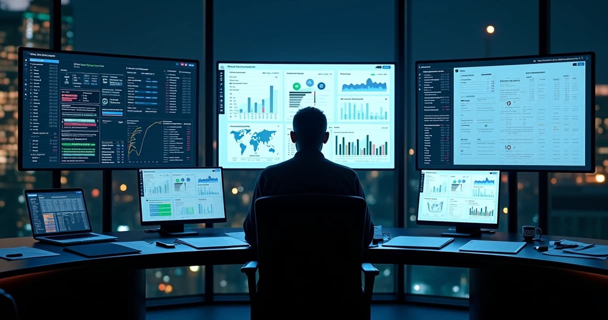 Centro de controle financeiro digital de TI com três painéis comparando soluções