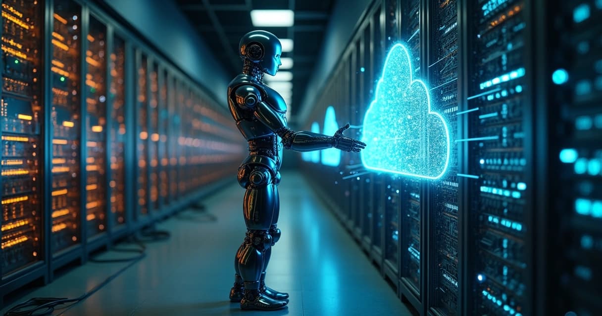 Robô translúcido conectando servidor antigo a nuvem de inteligência artificial